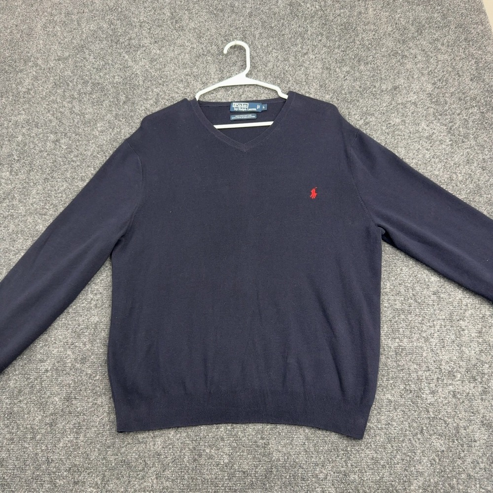 Polo Ralph Lauren Sweater Mens L Navy Blue Pima Cotton V Neck Classic Preppy